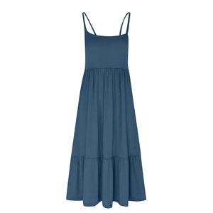 Detail of greyish blue tiered maxi dress featuring thin straps and knitted texture