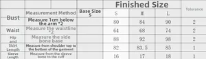 Detailed size chart for the colorblock short sleeve dress showing S, M, L measurements