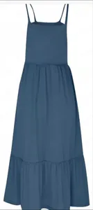 Detail of navy blue sleeveless dress featuring thin straps and tiered ruffled hemline
