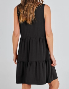 Rear view detail of black tiered sleeveless summer dress with V-neckline layers