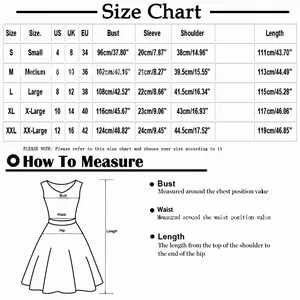 Size chart for tiered casual dress showing measurements in cm and inches from S to XXL