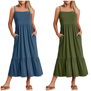 Detail of high-waist tiered maxi dress with thin straps and hidden side pockets