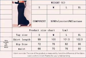 Size chart for high waist solid black knitted skirt showing hip and waist measurements