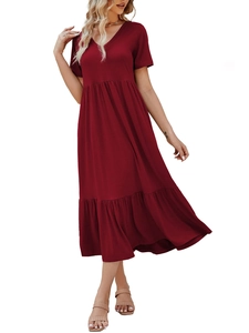 Robe Maxi à Étages pour Femmes Col en V Manches Courtes Été Décontracté Ample Robe Soleil Avec Poches