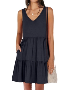 Detail view of the V-neck layered tiered sleeveless summer dress with side pockets
