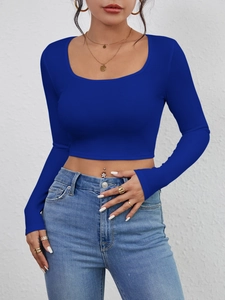 Slim fit royal blue ribbed square neck crop top with long sleeves for women