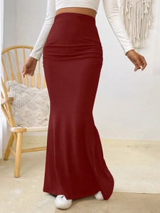 Slim fit high waist knit burgundy fishtail maxi skirt for a stylish bohemian look