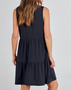 Rear view of a black tiered sleeveless mini dress with layered ruffle design for women