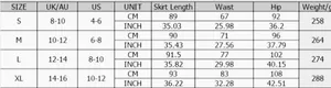 Size chart for women's high-waist satin skirt showing measurements in S-XL and CM/INCH
