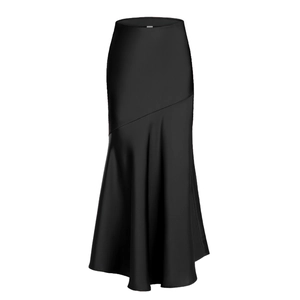 Macro detail of elegant black satin maxi skirt with high waist and fishtail hem
