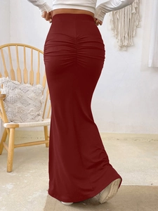 Slim fit wine red high waist knitted mermaid skirt with ruched detail back view