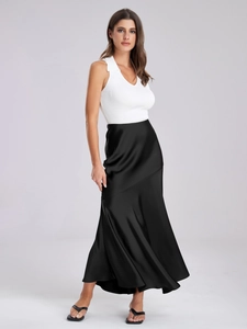 Elegant High Waist Satin Maxi Skirt For Women Solid Color Splicing Hip Wrap Skirt Elegant Commuter Long Skirt Streetwear