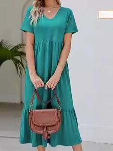 Robe longue verte pour femme avec col en V, manches courtes et poches style été décontracté