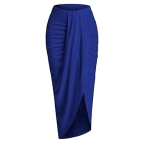 Close-up of royal blue draped wrap skirt showing elastic waist and slit asymmetric hem