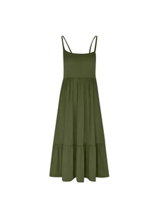 Women Casual Spaghetti Strap Tiered Midi Dress Square Neck Solid Color Sleeveless Tiered Sundress For Summer Beach Vacation