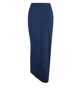 Detail of high-waist navy maxi skirt featuring a side slit and elegant draped hemline