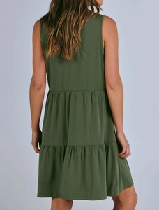 Detail view of the tiered layered skirt on this army green sleeveless summer dress