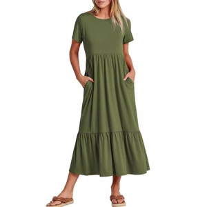 Detail view of army green tiered crew neck maxi dress with short sleeves and pockets
