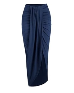 Detailed view of the ruched waist and asymmetric wrap design on navy blue maxi skirt