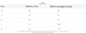 Size chart for solid color pleated high waist fishtail maxi skirt with waist and length measurements