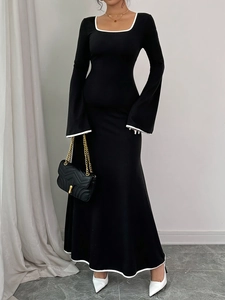 Women Elegant Contrast Trim Square Neck Maxi Dress Flared Long Sleeve Slim Fit Bodycon Evening Party Long Dress