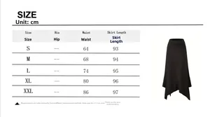 Tableau des tailles pour jupe à taille haute et ourlet asymétrique avec mesures en cm