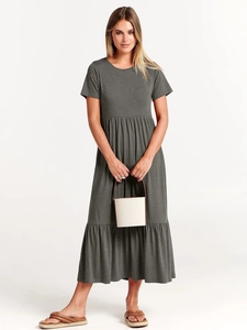 Women's crewneck short sleeve tiered ruffle maxi dress in elegant solid dark grey