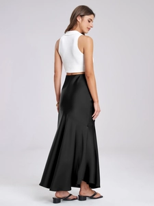 Elegant high-waist black satin midi skirt with a slim fit and a chic fisheye hemline
