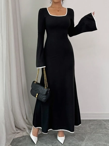 Elegant slim fit square neck black maxi dress with white contrast trim and long sleeves