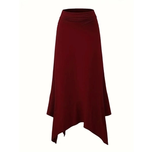 Vue détaillée de la jupe taille haute bordeaux froncée avec ourlet mouchoir asymétrique