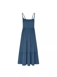 Elegant navy blue sleeveless tiered maxi dress with thin straps for a summer casual look