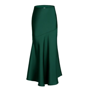 Detailed view of dark green satin midi skirt with diagonal stitching and mermaid hemline