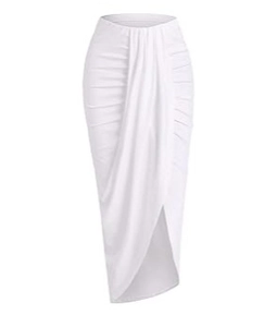 Detail of white high waist skirt showing draped front pleats and side split design