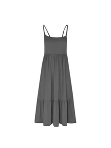 Minimalist dark gray tiered sleeveless midi dress with thin straps on white background