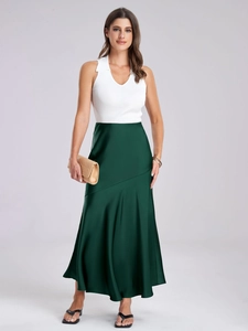 Elegant high waist satin maxi skirt paired with white ribbed knit halter top for women