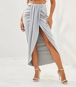 Detailed view of the gathered waist and side slit design on this gray ruched midi skirt