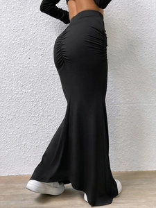 Elegant black high-waisted ruched knit mermaid maxi skirt with slim fit silhouette