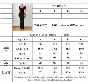 Size chart for square neck fishtail dress showing S to XL dimensions and fabric content