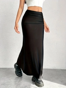 Elegant high waist black fishtail maxi skirt with slim fit ruffled design for women