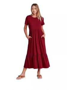 Women's Casual Short Sleeve Tiered Maxi Dress With Pockets Round Neck Loose Ruffle Solid Color Bohemian Summer Long Dress