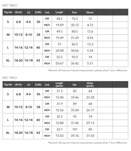 Size chart for women's two-piece set showing US/UK/EU measurements in cm and inches