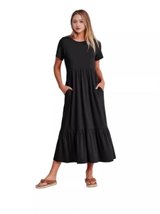 Elegant black short sleeve midi dress with crew neck, layered hem, and practical pockets