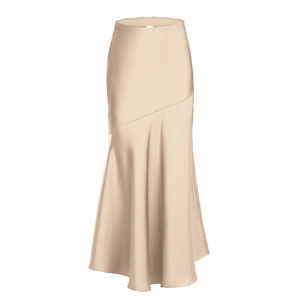 Detailed view of champagne satin midi skirt showing high waist and bias-cut seam
