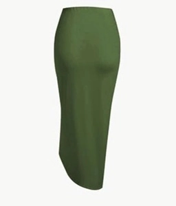 Detail of olive green high-waisted wrap skirt showing the slit and premium drape fabric