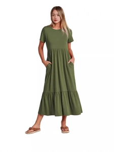 Elegant olive green tiered maxi dress with short sleeves and a classic crew neckline