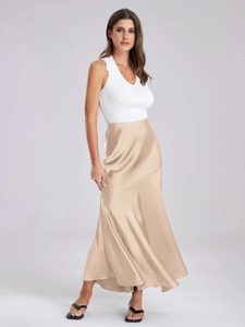 Elegant champagne satin midi skirt with white rib knit polo top for a chic look