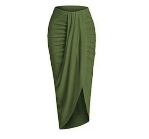 Detail view of olive green midi skirt featuring ruched draping and asymmetric tulip hemline