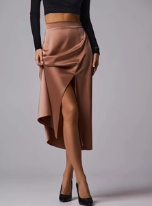 Elegant champagne satin midi skirt with a high waist and side slit detail for women