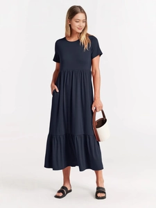 Elegant navy blue short sleeve tiered maxi dress with ruched waist and side pockets