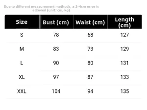 Detailed size guide for sleeveless pleated long dress with bust and waist measurements